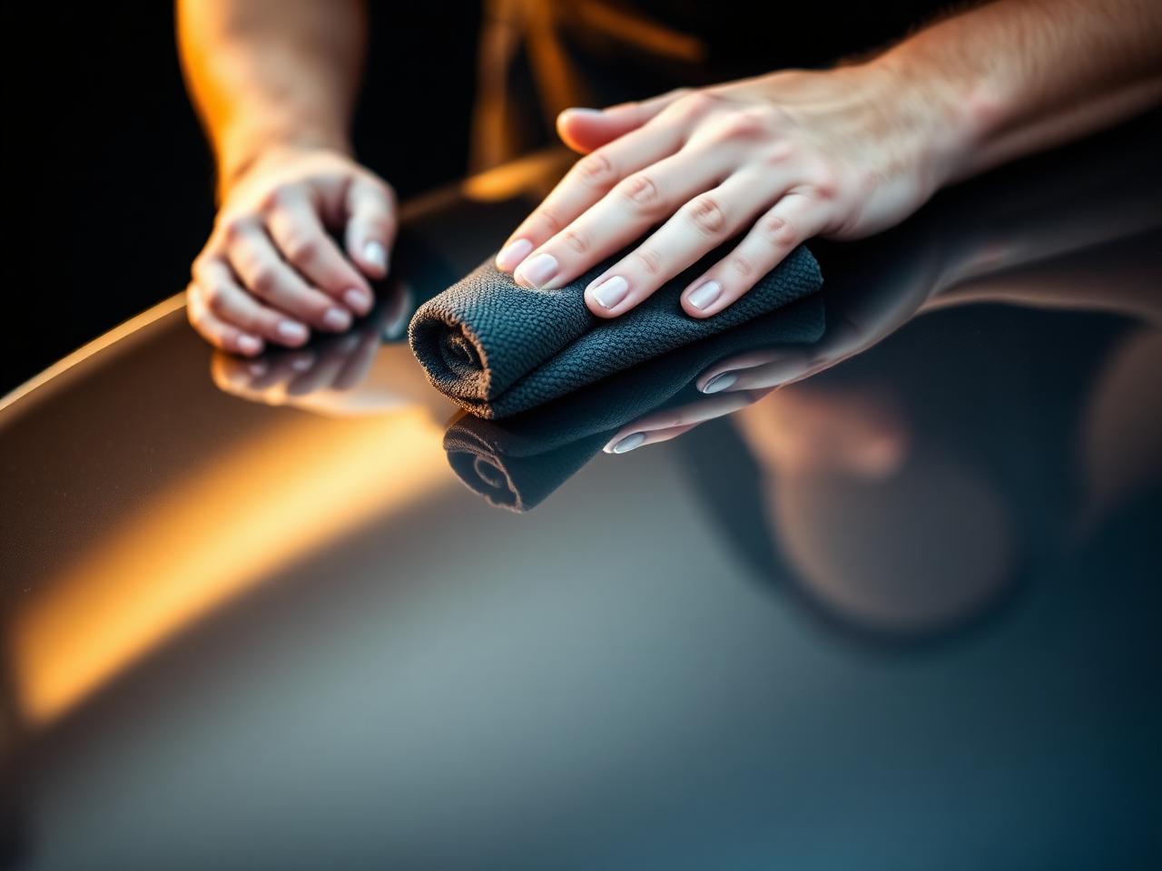 Hands applying ceramic coating with microfiber cloth